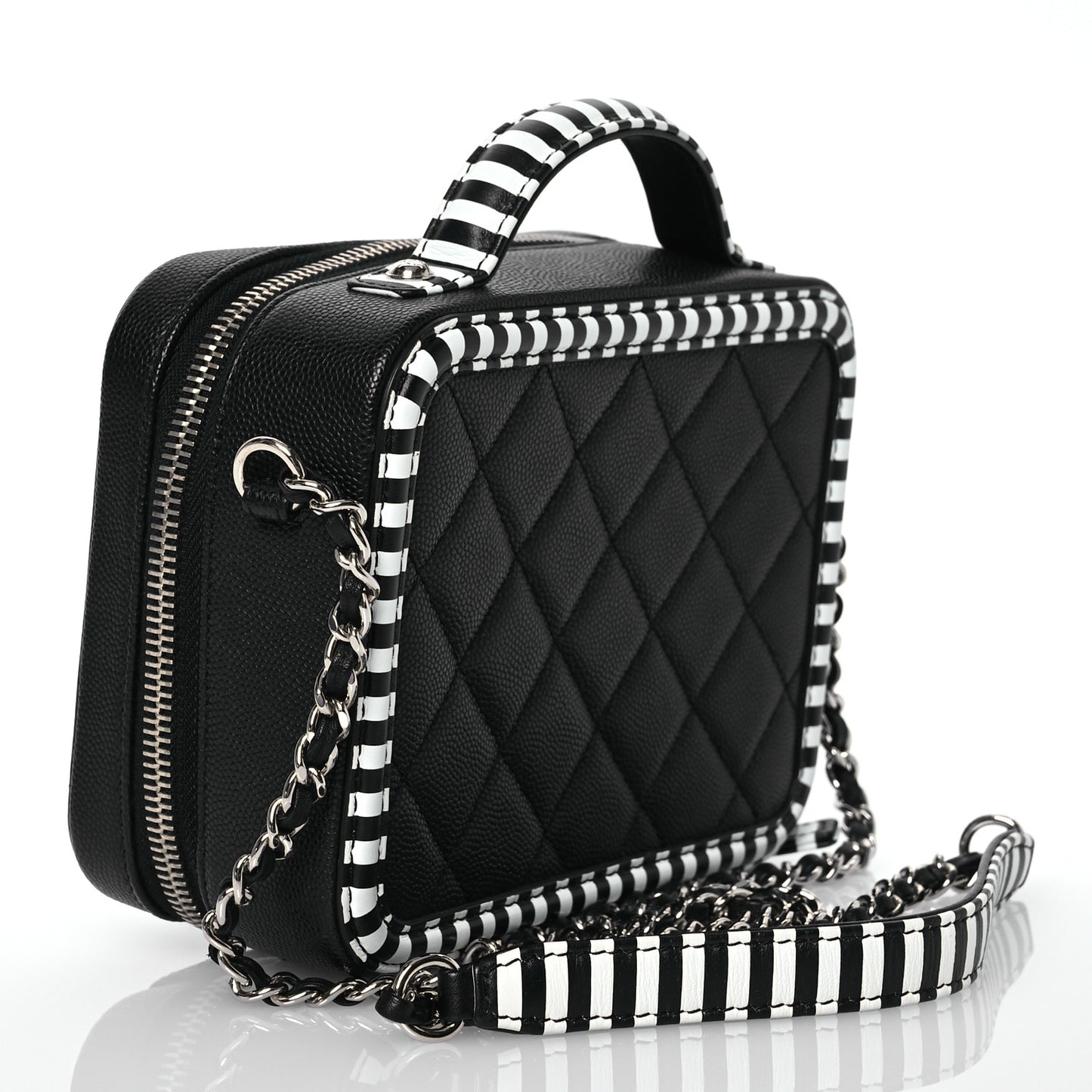 Caviar Quilted Striped Small CC Filigree Vanity Case Black White