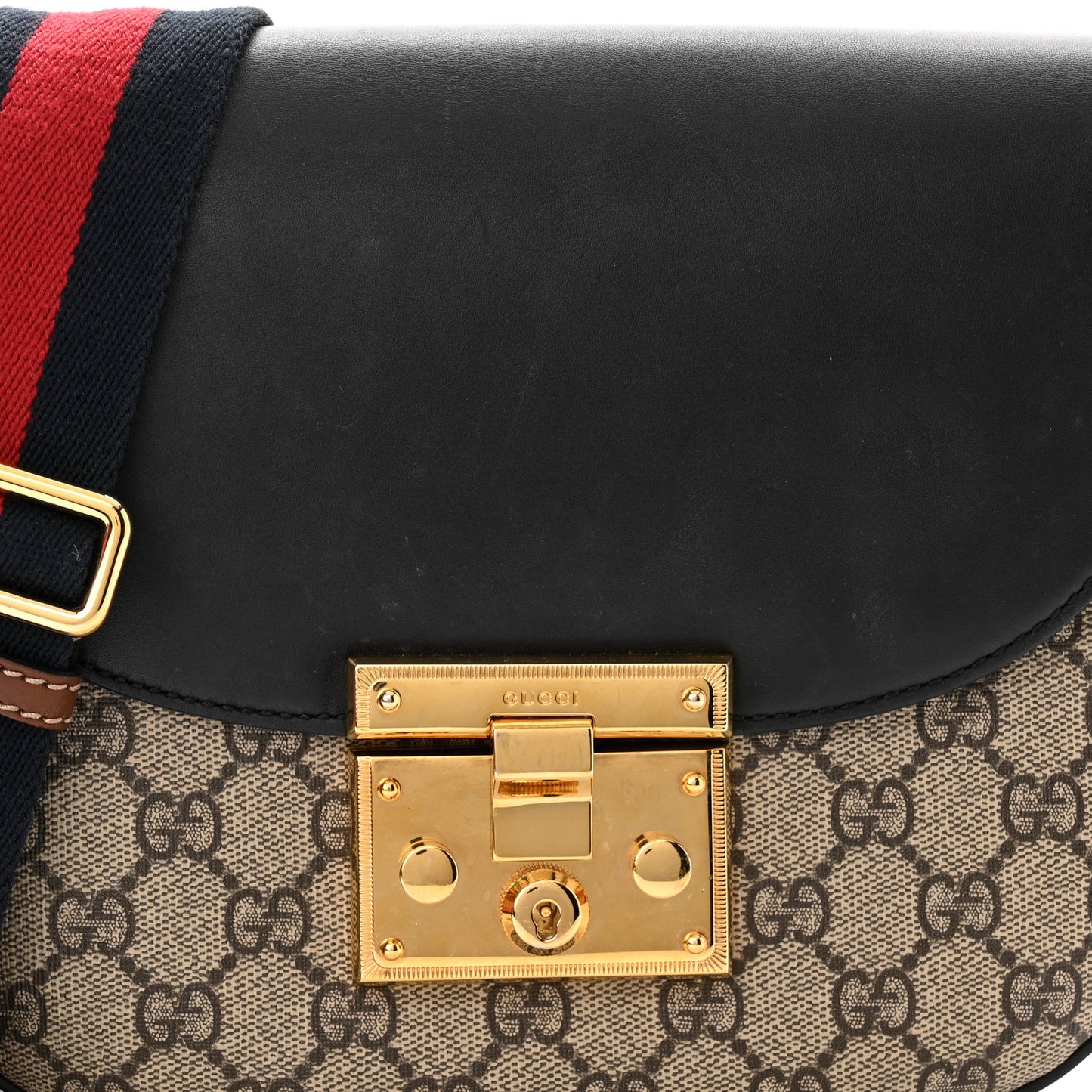 GG Supreme Monogram Web Medium Padlock Messenger Shoulder Bag Black