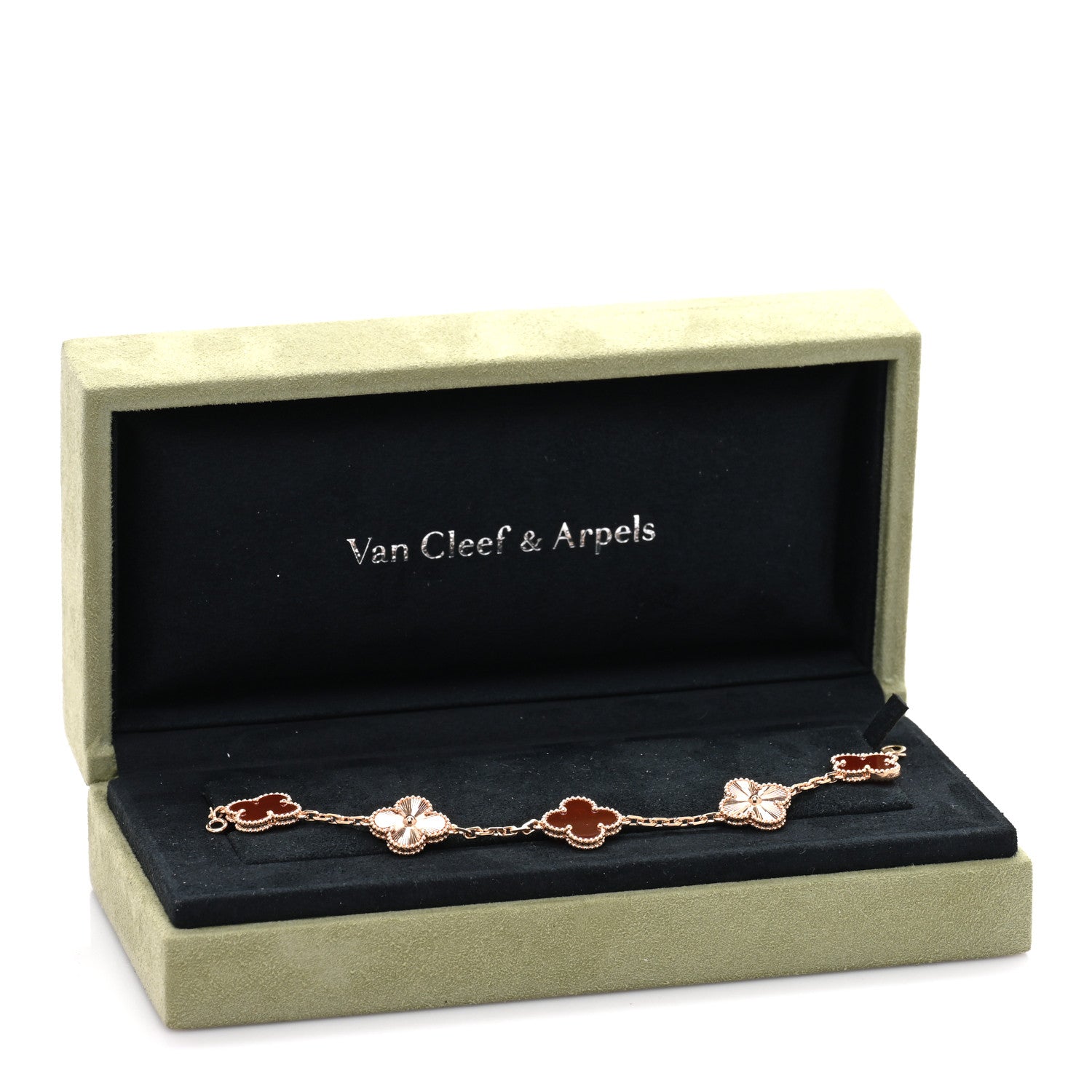 Van Cleef & Arpels 18K Rose Gold Carnelian 5 Motifs Guilloche Vintage Alhambra Bracelet 4 of 4