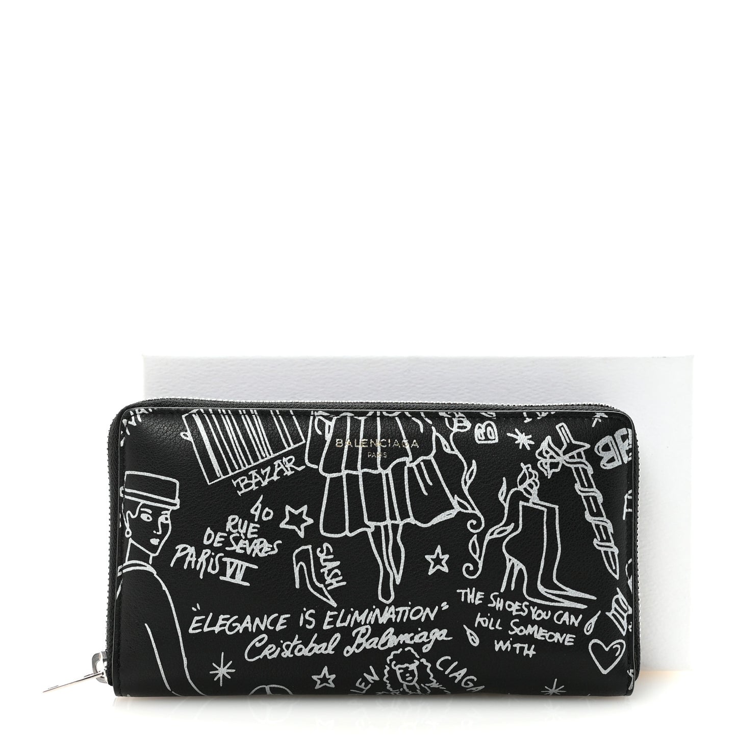 Calfskin Classic Silver Hardware Printed Tattoo Everyday Continental Zip Around Wallet Black