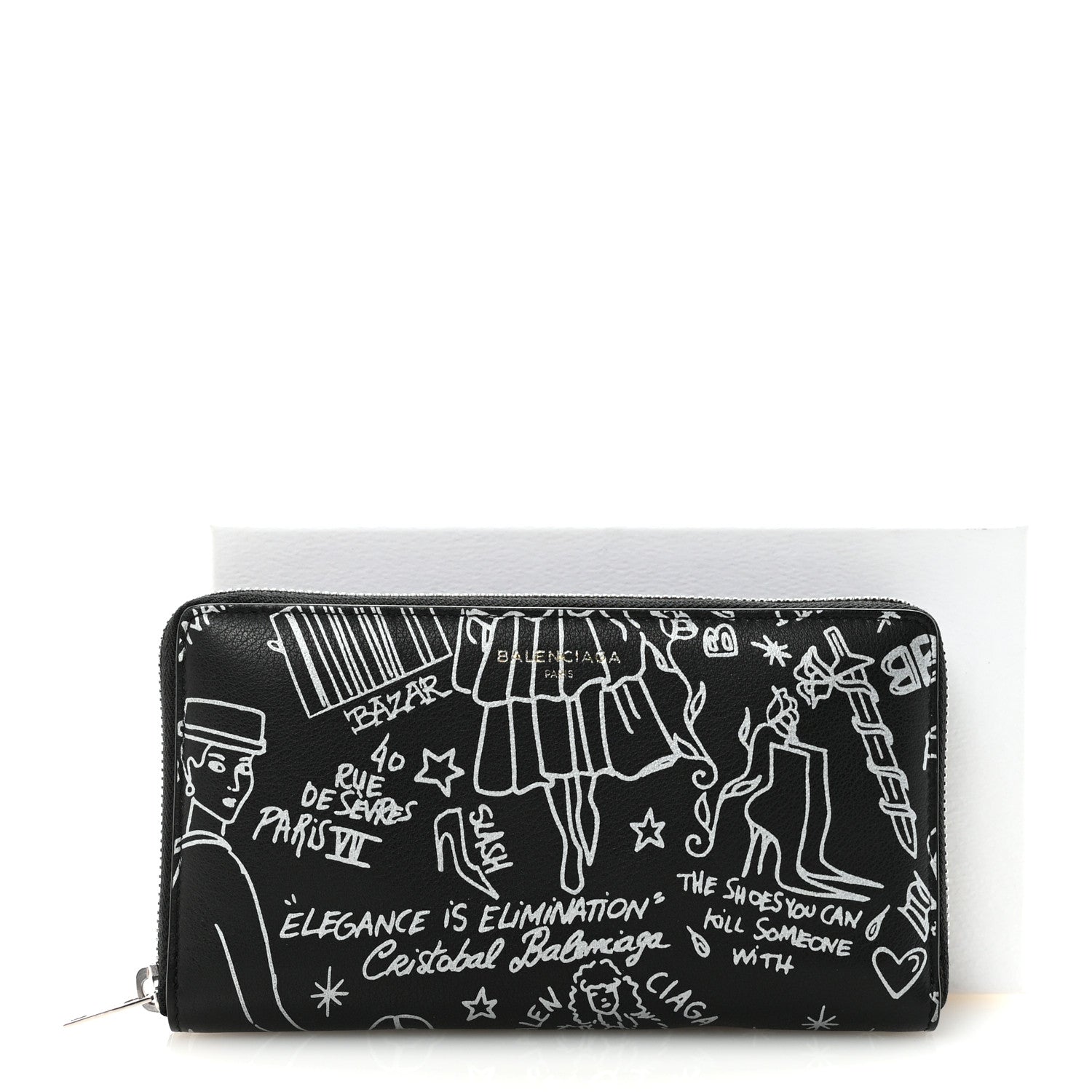 Balenciaga Calfskin Classic Silver Hardware Printed Tattoo Everyday Continental Zip Around Wallet Black 7 of 7