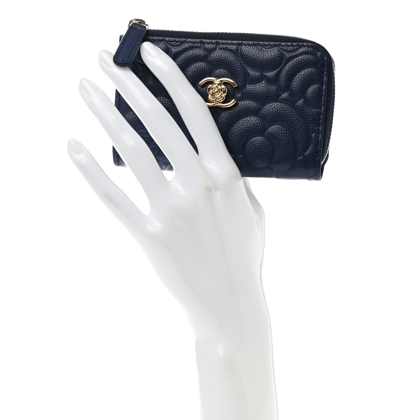 Caviar Camellia Embossed Key Holder Case Navy