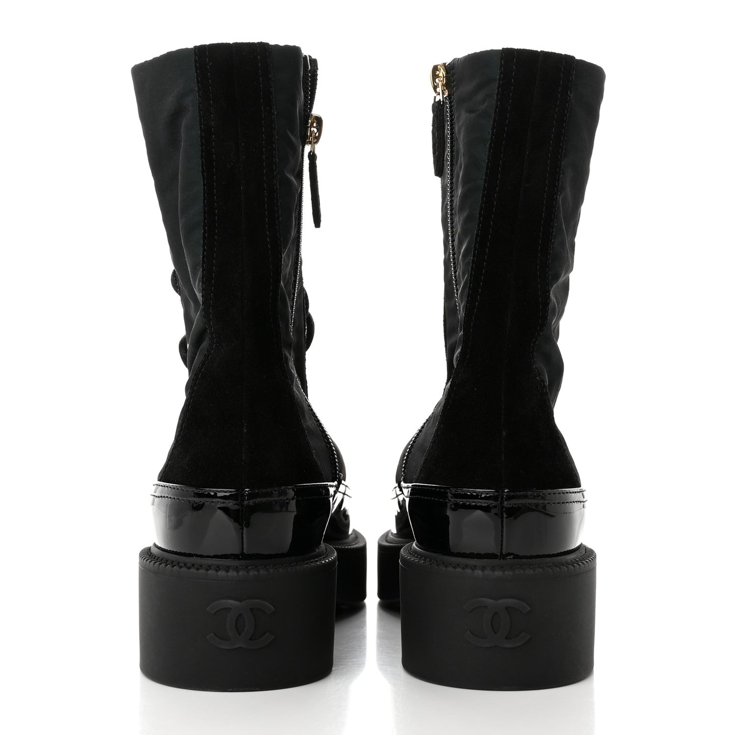 Nylon Suede Patent Calfskin Womens CC Lace Up Boots 36.5 Dark Green Black