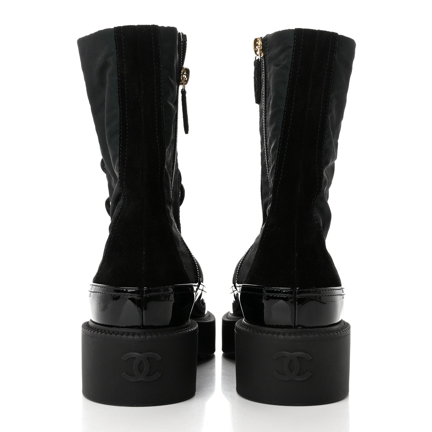 Chanel Nylon Suede Patent Calfskin Womens CC Lace Up Boots 36.5 Dark Green Black 5 of 11