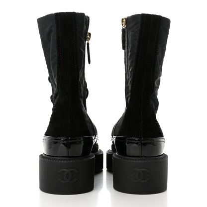 Chanel Nylon Suede Patent Calfskin Womens CC Lace Up Boots 36.5 Dark Green Black 5 of 11