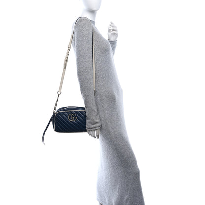 Gucci Vintage Effect Calfskin Matelasse Diagonal Small Torchon GG Marmont Chain Shoulder Bag Blue Agata Mystic White 2 of 11