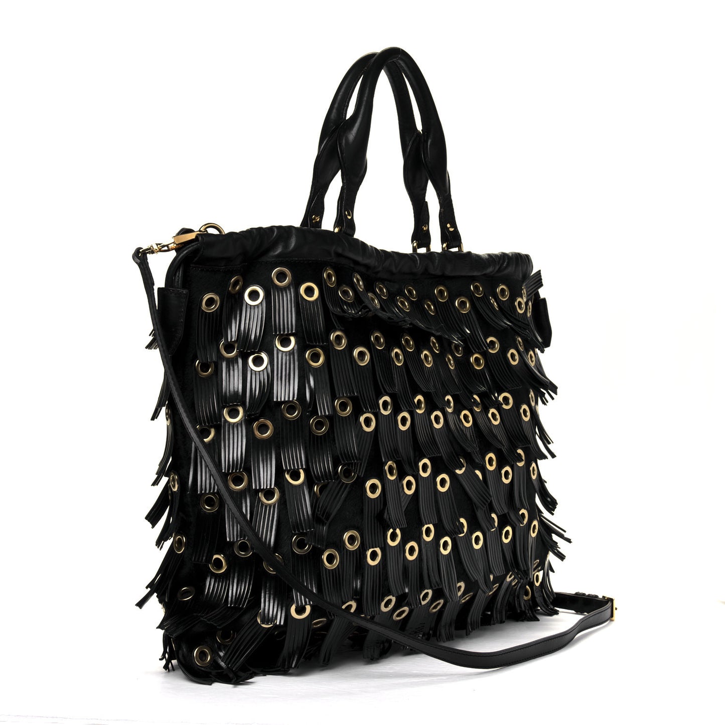 Calf Hair Patent Grommet Fringe Big Crush Tote Black