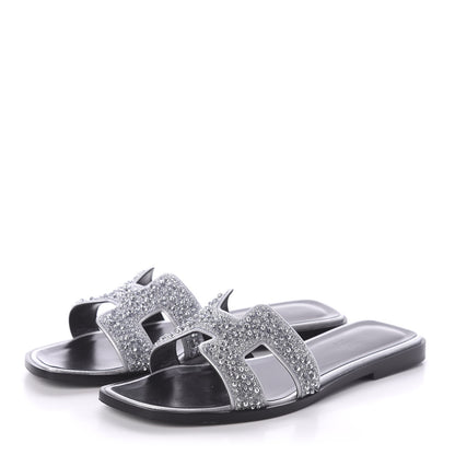 Hermes Suede Goatskin Crystal Oran Sandals 36.5 Gris Argente 3 of 7