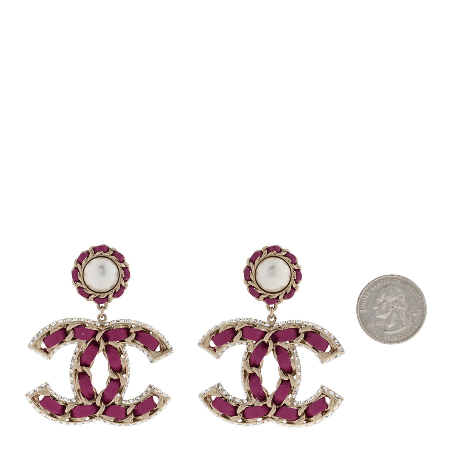 Pearl Lambskin Crystal Chain CC Drop Earrings Pink