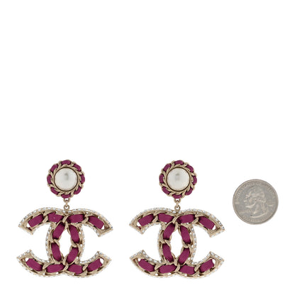 Chanel Pearl Lambskin Crystal Chain CC Drop Earrings Pink 2 of 6