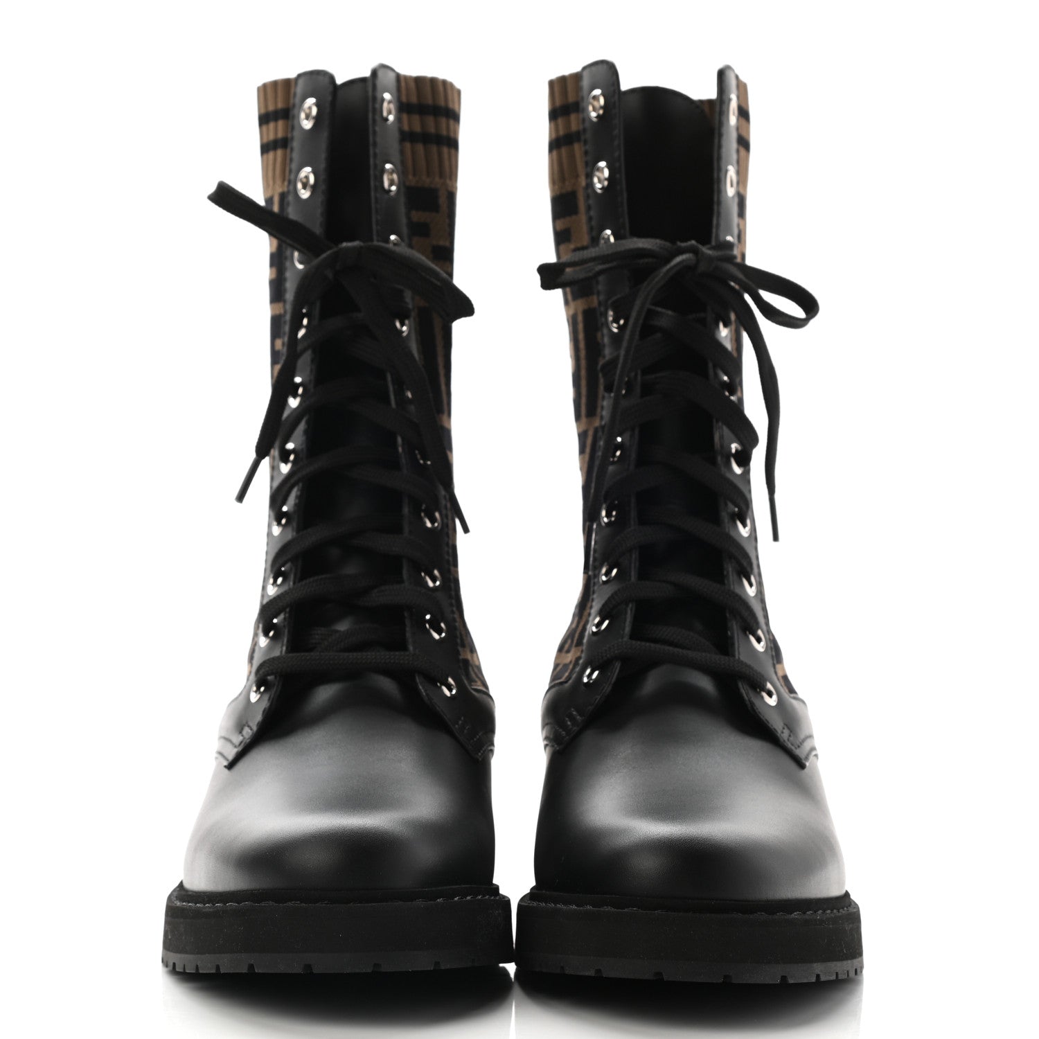 Fendi Calfskin Stretch Fabric FF Rockoko Biker Boots 41 Black Tobacco 2 of 7