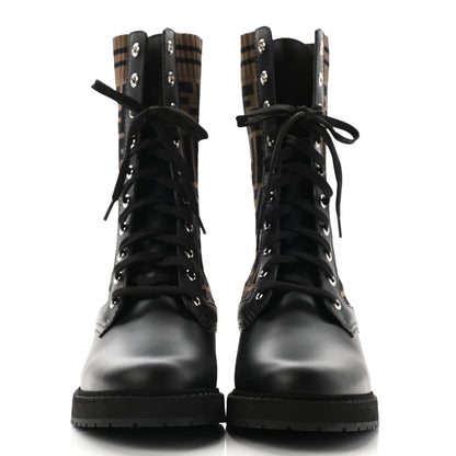Fendi Calfskin Stretch Fabric FF Rockoko Biker Boots 41 Black Tobacco 2 of 7