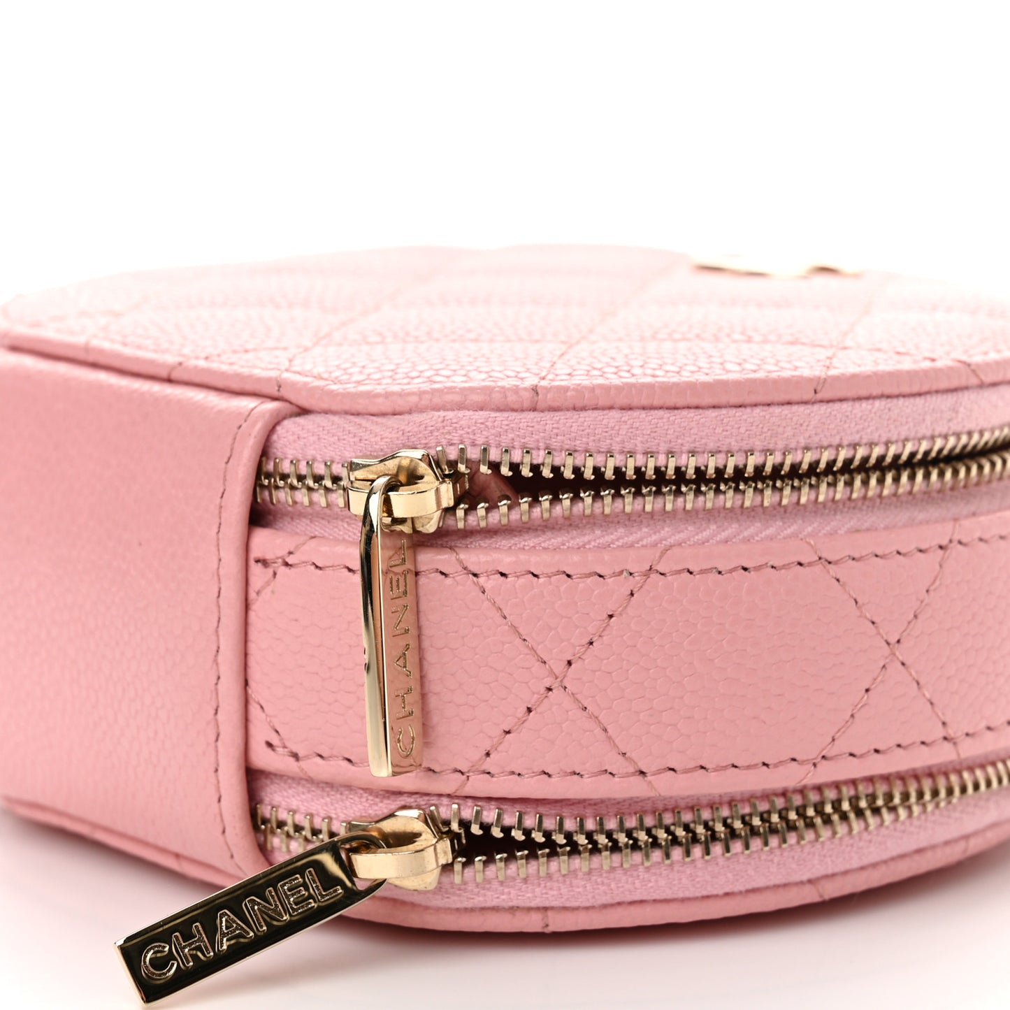 Caviar Quilted Round Handle With Care Vanity With Chain Pink