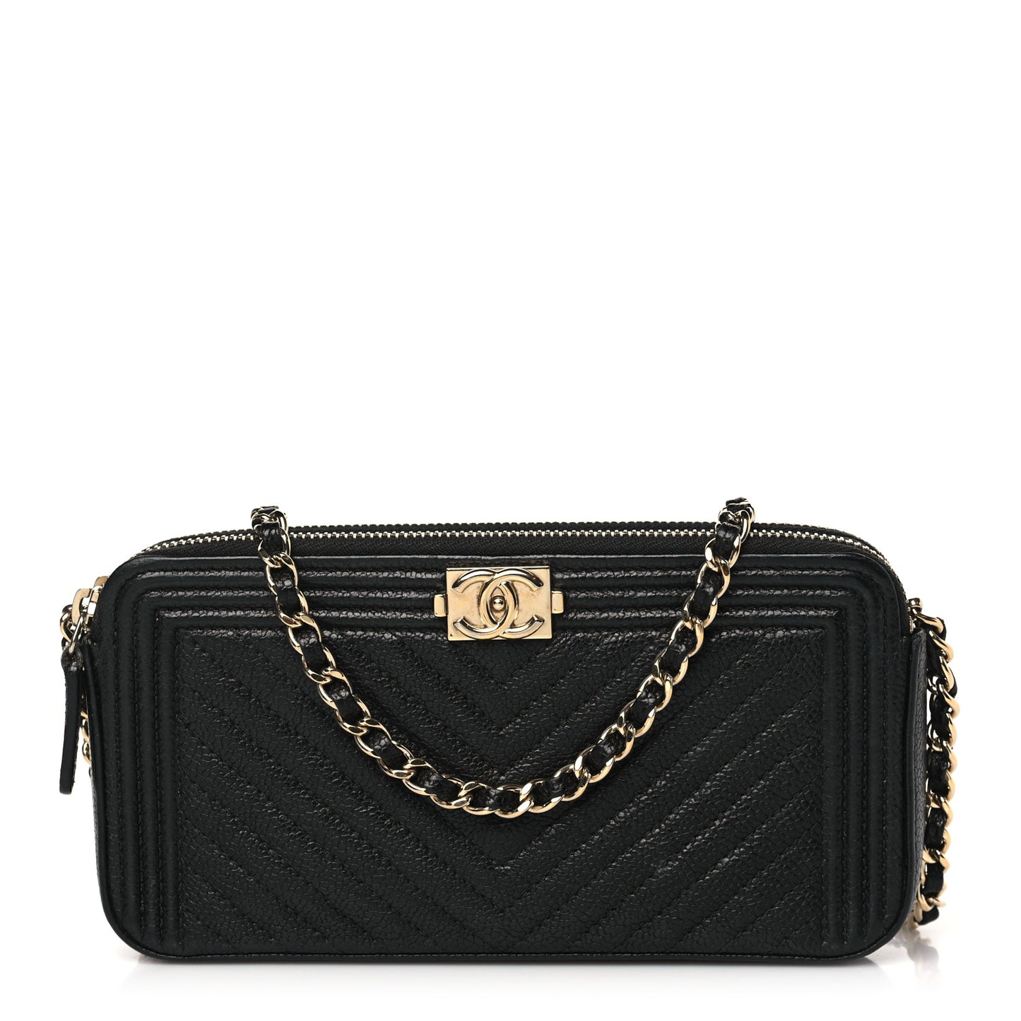 Caviar Chevron Small Boy Clutch With Chain Black