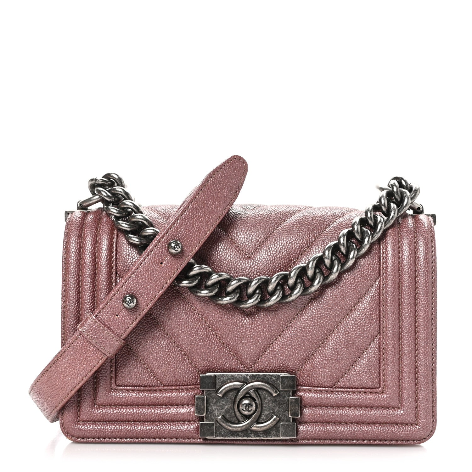 Chanel Metallic Caviar Chevron Quilted Small Boy Flap Dark Pink 1 of 12