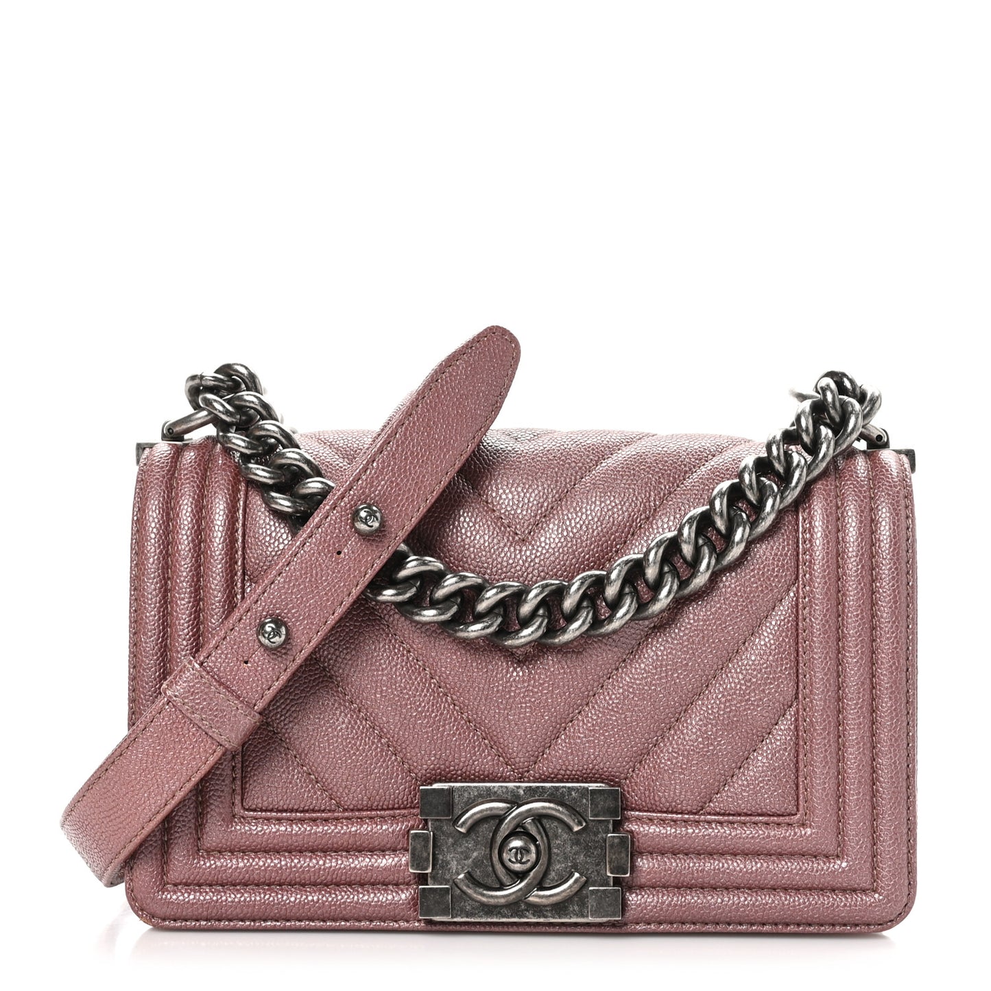 Metallic Caviar Chevron Quilted Small Boy Flap Dark Pink