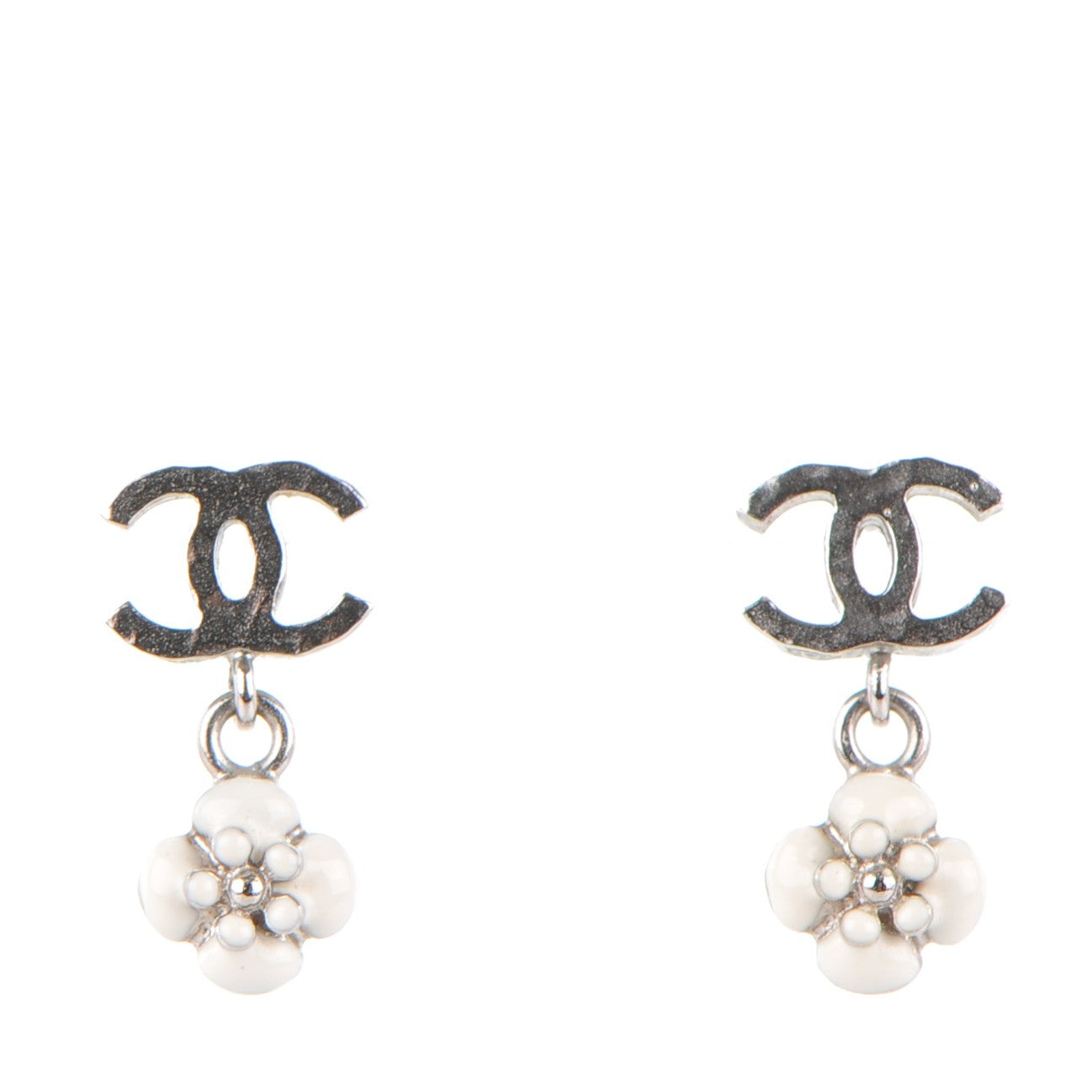 Enamel CC Camellia Drop Earrings Silver
