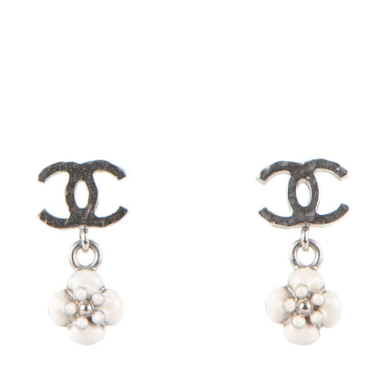 Chanel Enamel CC Camellia Drop Earrings Silver 1 of 4