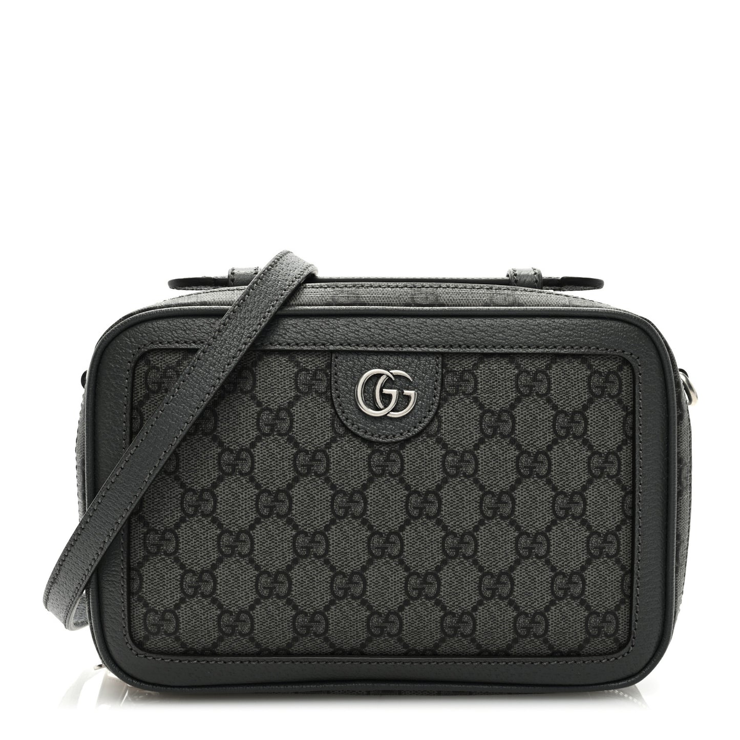 GG Supreme Monogram Textured Dollar Calfskin Small Ophidia Top Handle Shoulder Grey Black Graphite Grey