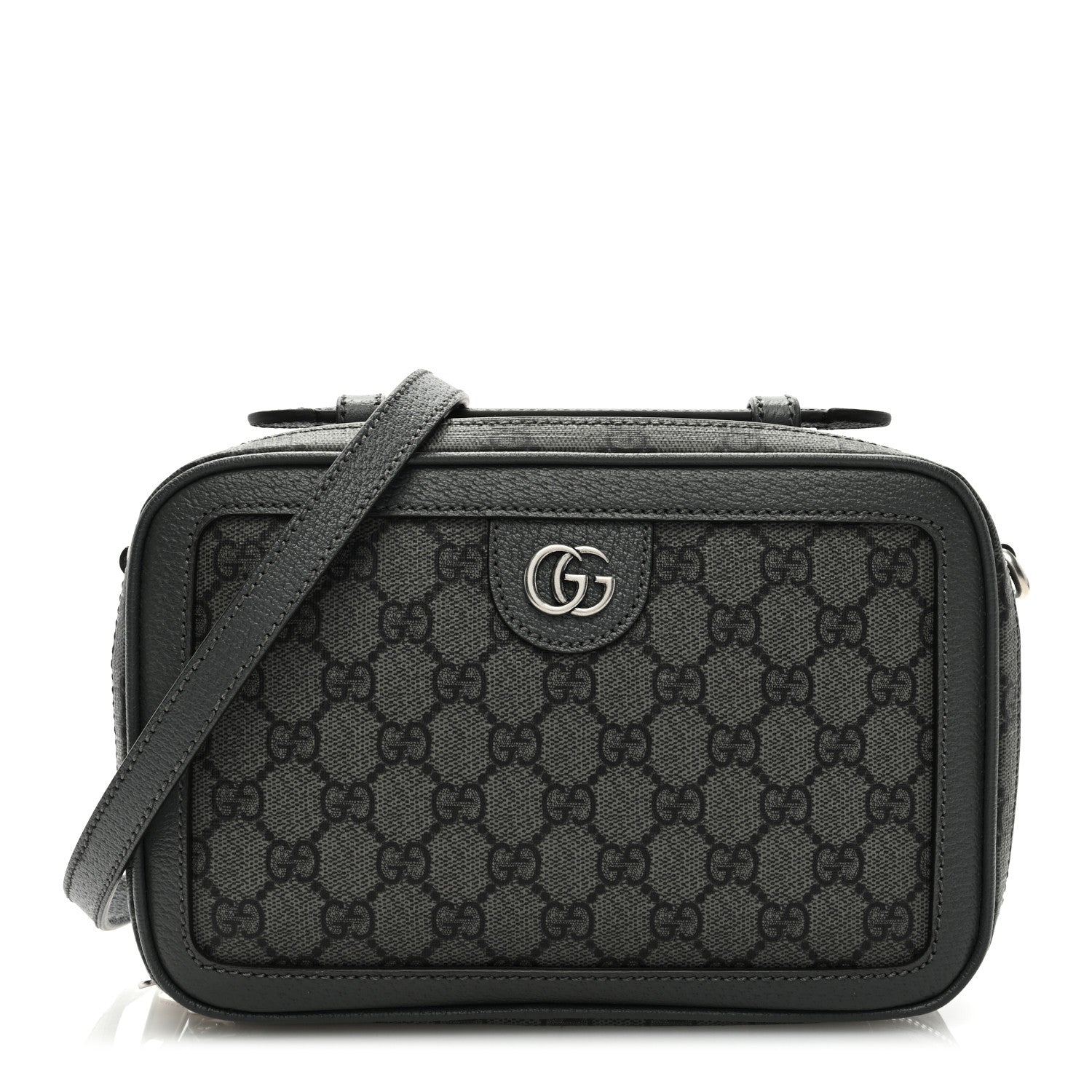 Gucci GG Supreme Monogram Textured Dollar Calfskin Small Ophidia Top Handle Shoulder Grey Black Graphite Grey 1 of 8