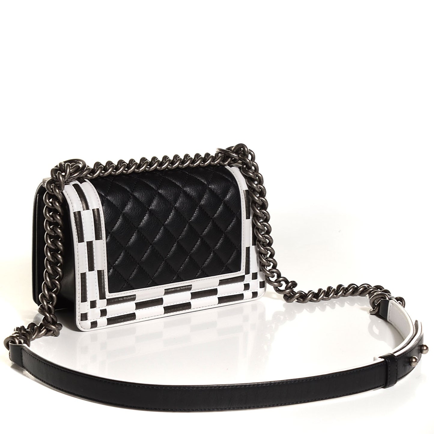 Calfskin Checkerboard Trim Small Boy Flap Black White