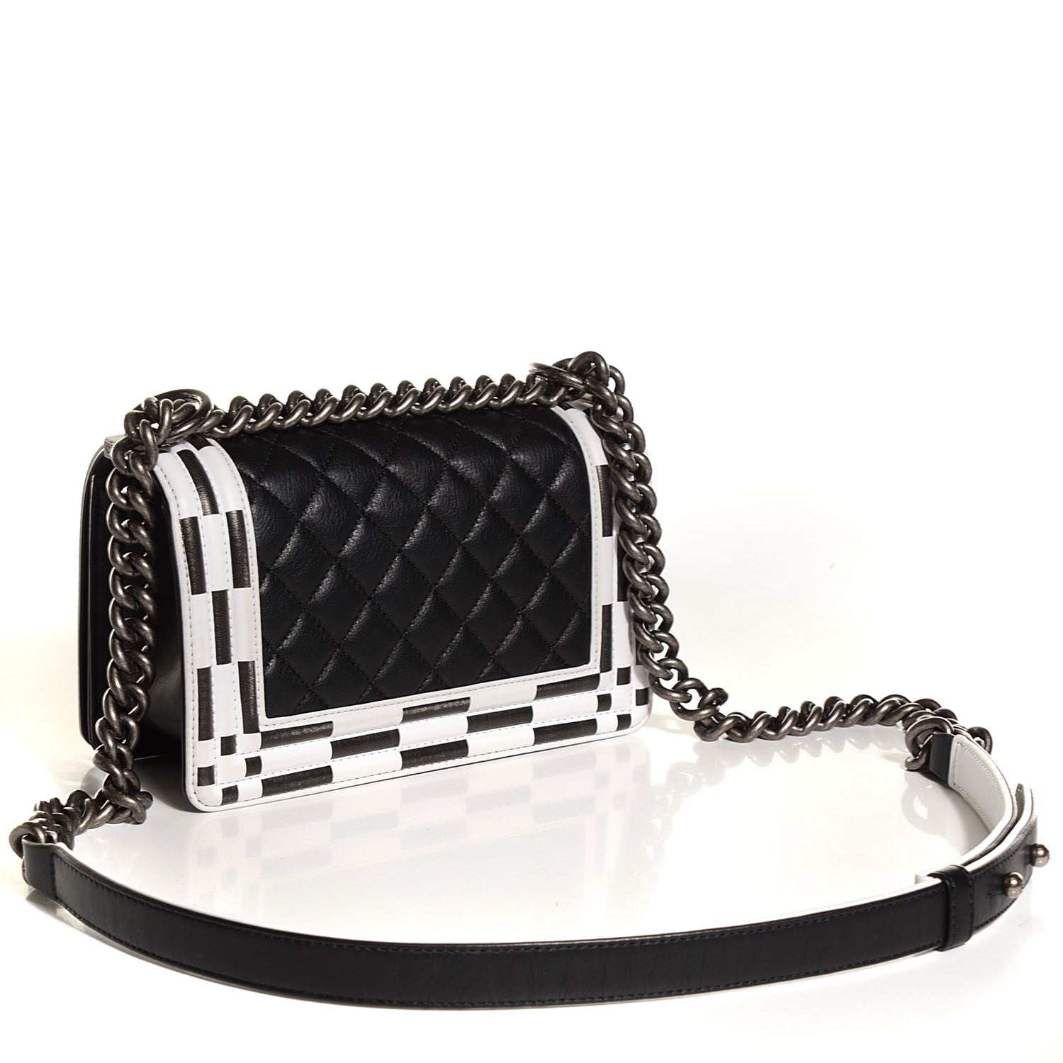 Chanel Calfskin Checkerboard Trim Small Boy Flap Black White 3 of 9