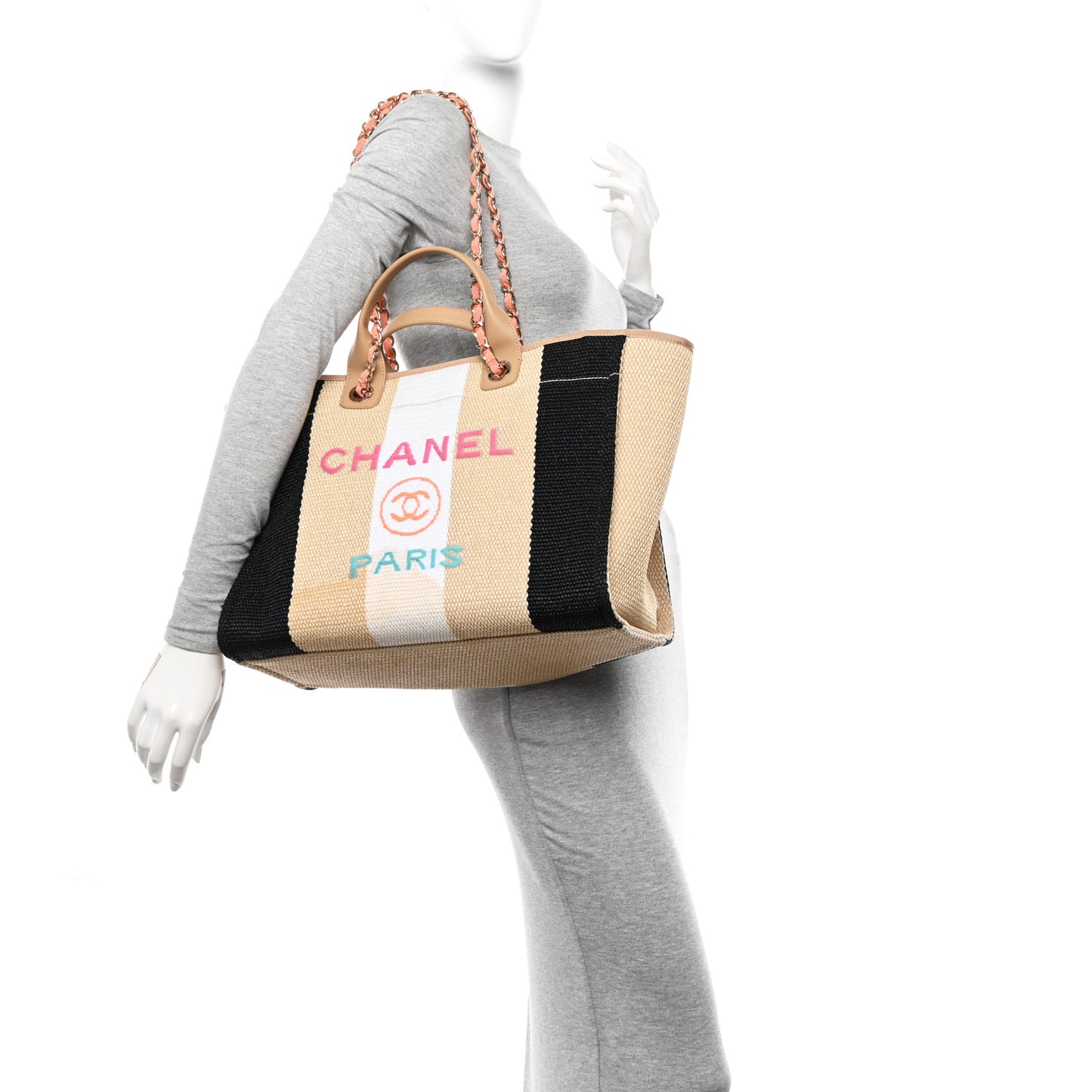 Straw Raffia Calfskin Striped Medium Deauville Tote Black Beige Ivory