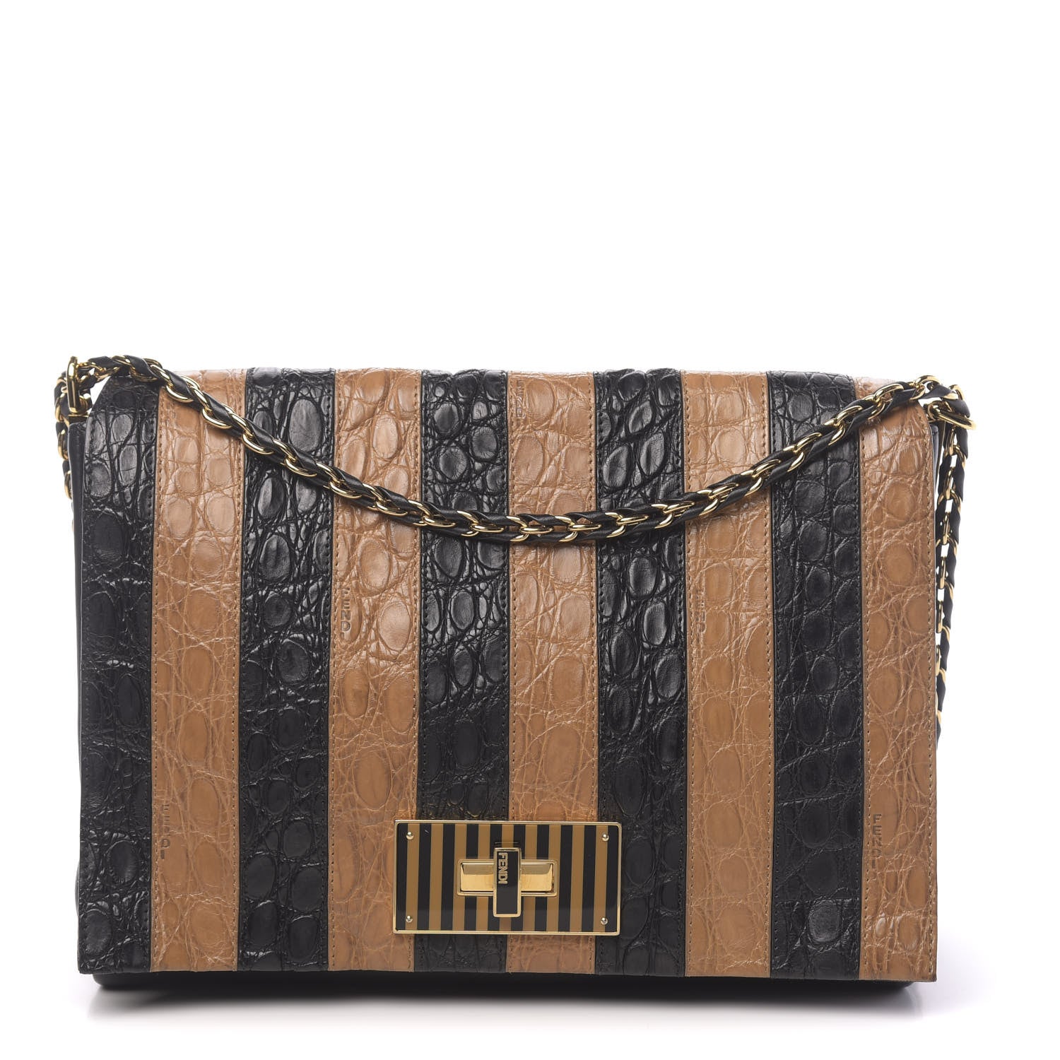 Fendi Calfskin Crocodile Embossed Striped Claudia Large Shoulder Bag Black 1 of 11