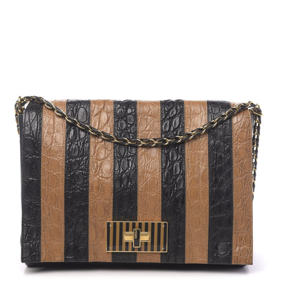 Fendi Calfskin Crocodile Embossed Striped Claudia Large Shoulder Bag Black 1 of 11