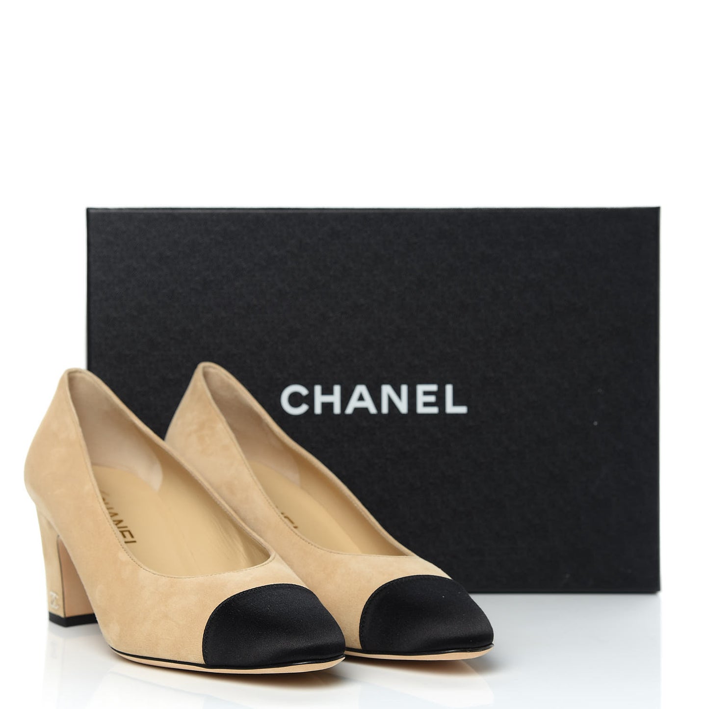 Suede Satin Cap Toe Low Heel Pumps 39 Beige Black
