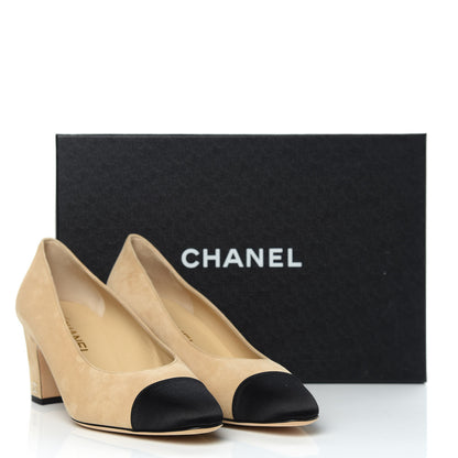 Chanel Suede Satin Cap Toe Low Heel Pumps 39 Beige Black 9 of 9