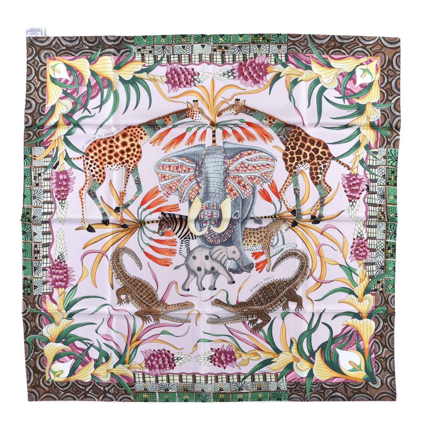 Silk La Marche Du Zambeze Scarf 90 Rose Pale Vert Jaune