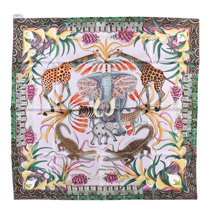 Hermes Silk La Marche Du Zambeze Scarf 90 Rose Pale Vert Jaune 1 of 4