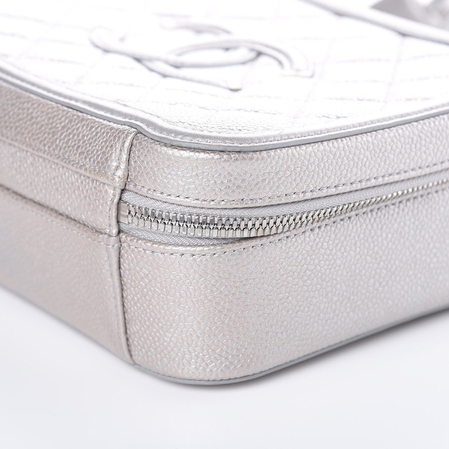 Metallic Caviar Quilted Medium CC Filigree Vanity Case Silver