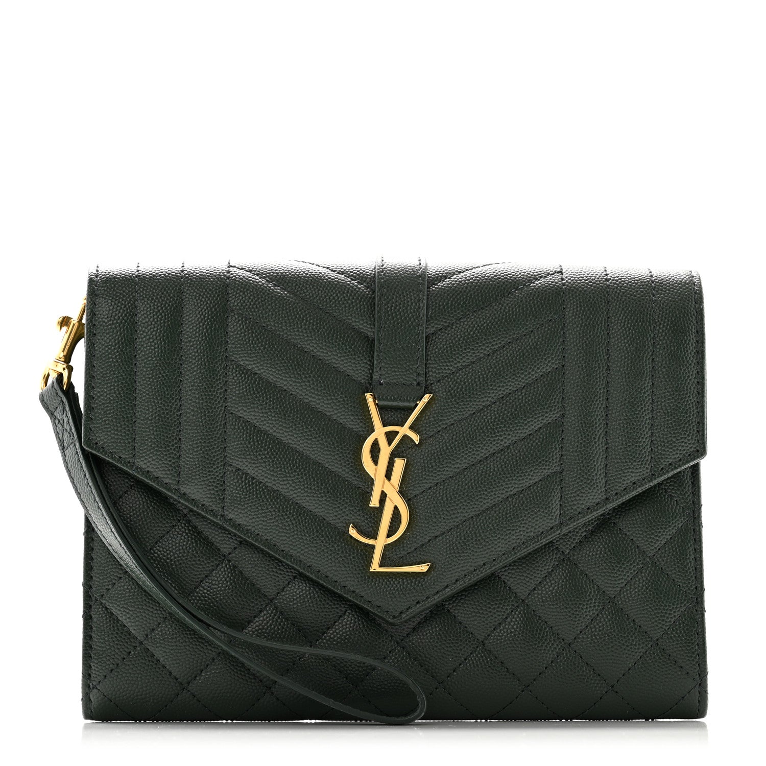 Saint Laurent Grain De Poudre Textured Mixed Matelasse Triquilt Monogram Clutch Vert Fonce 1 of 11