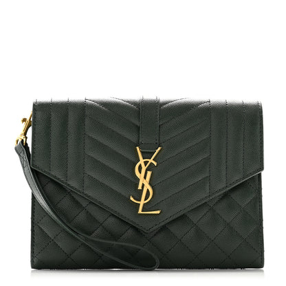 Saint Laurent Grain De Poudre Textured Mixed Matelasse Triquilt Monogram Clutch Vert Fonce 1 of 11