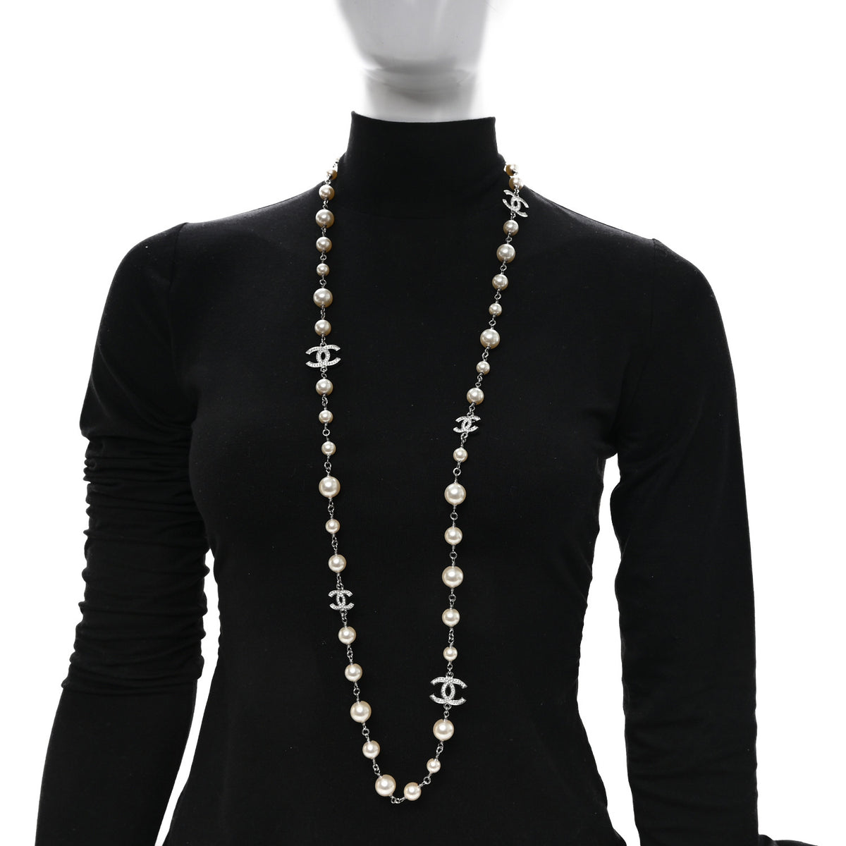 Crystal Pearl CC Long Necklace Silver