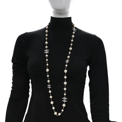 Chanel Crystal Pearl CC Long Necklace Silver 2 of 5