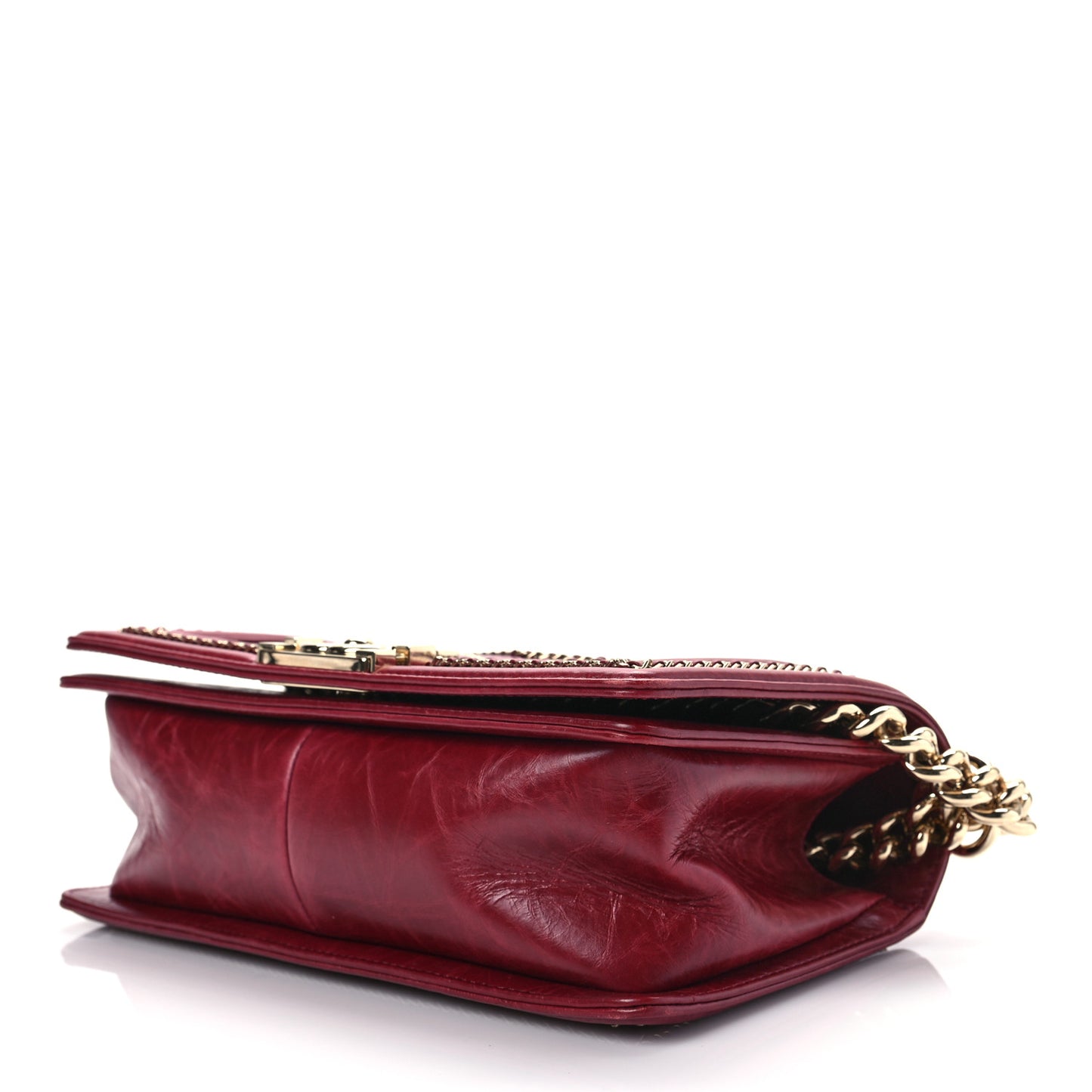 Crumpled Calfskin Chevron Chain Medium Boy Flap Red