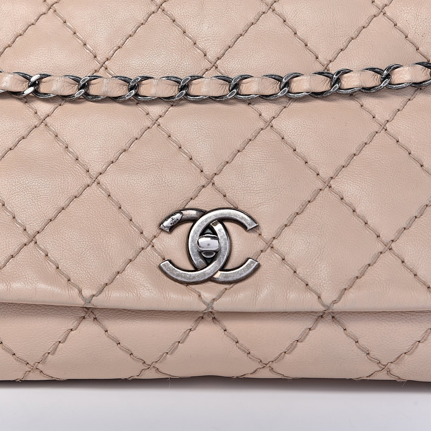 Calfskin Stitch It Accordion Flap Beige