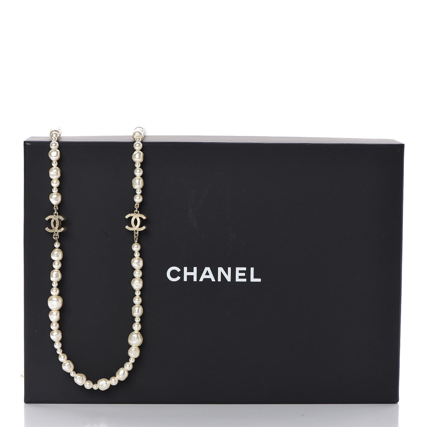 Graduated Pearl CC Long Necklace Light Gold