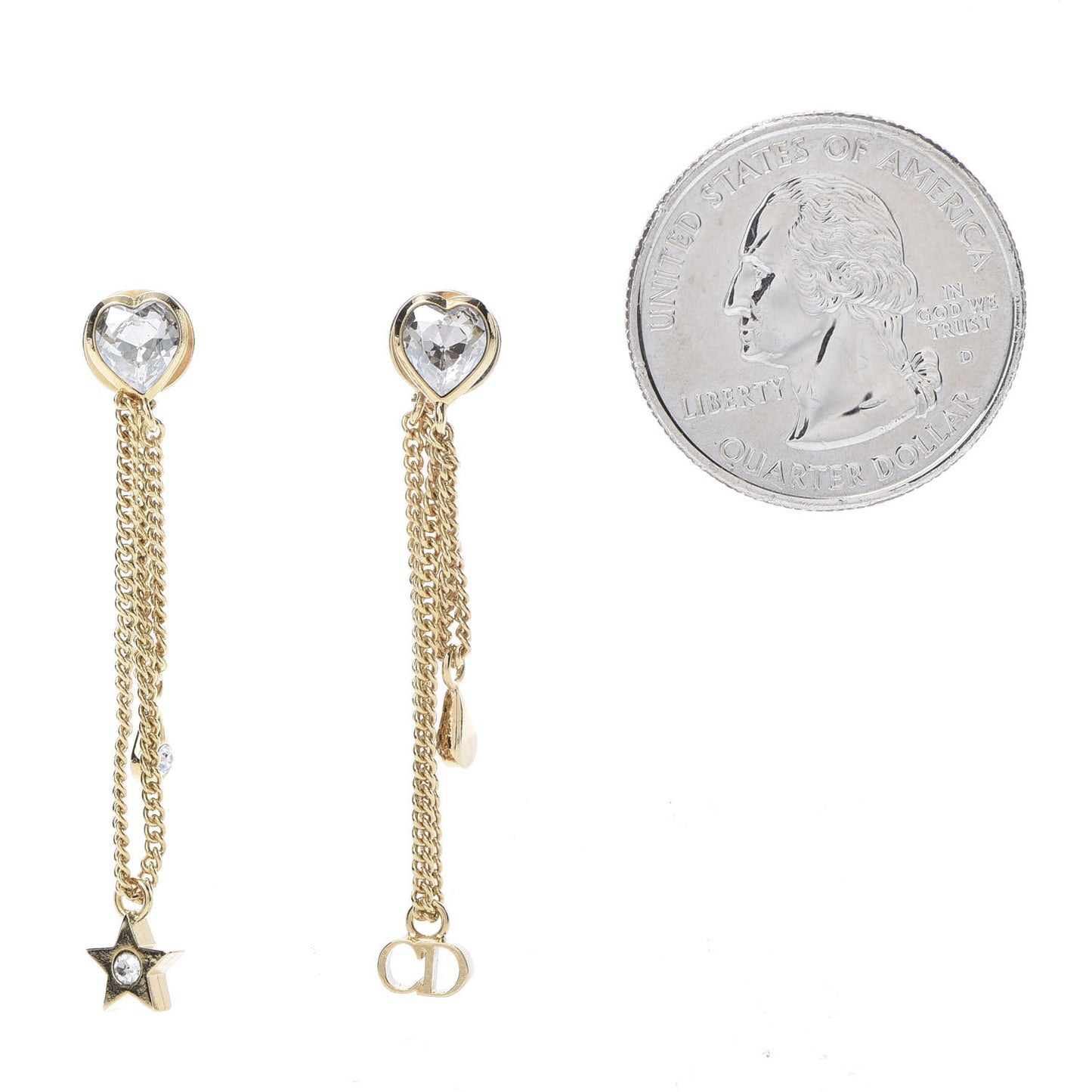 Crystal Heart Dangle Chain Earrings Gold
