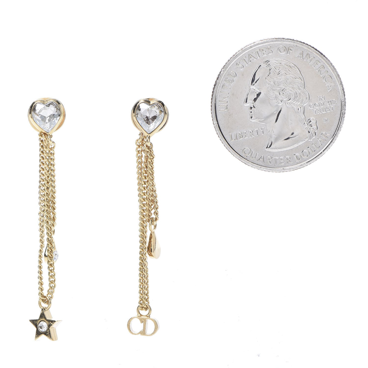 Christian Dior Crystal Heart Dangle Chain Earrings Gold 2 of 5
