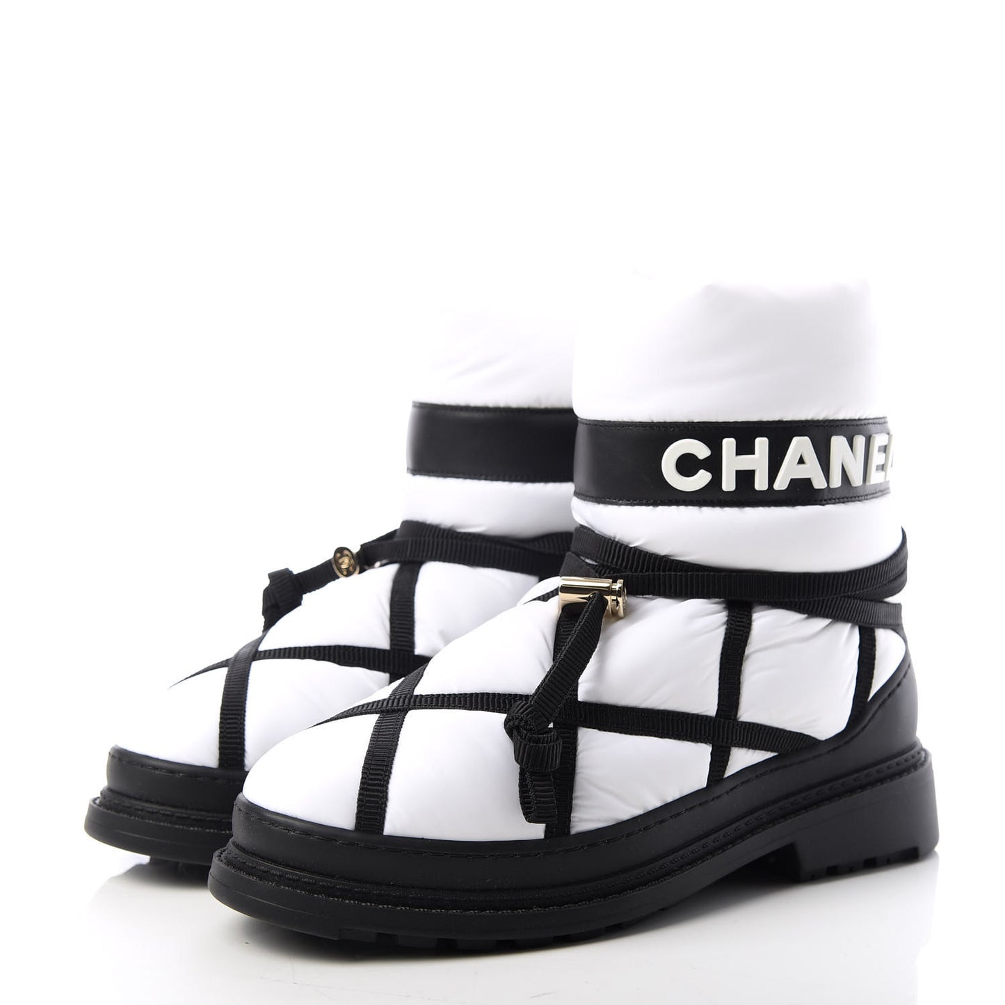 Calfskin Nylon Grosgrain CC Ankle Snow Boots 37.5 White Black