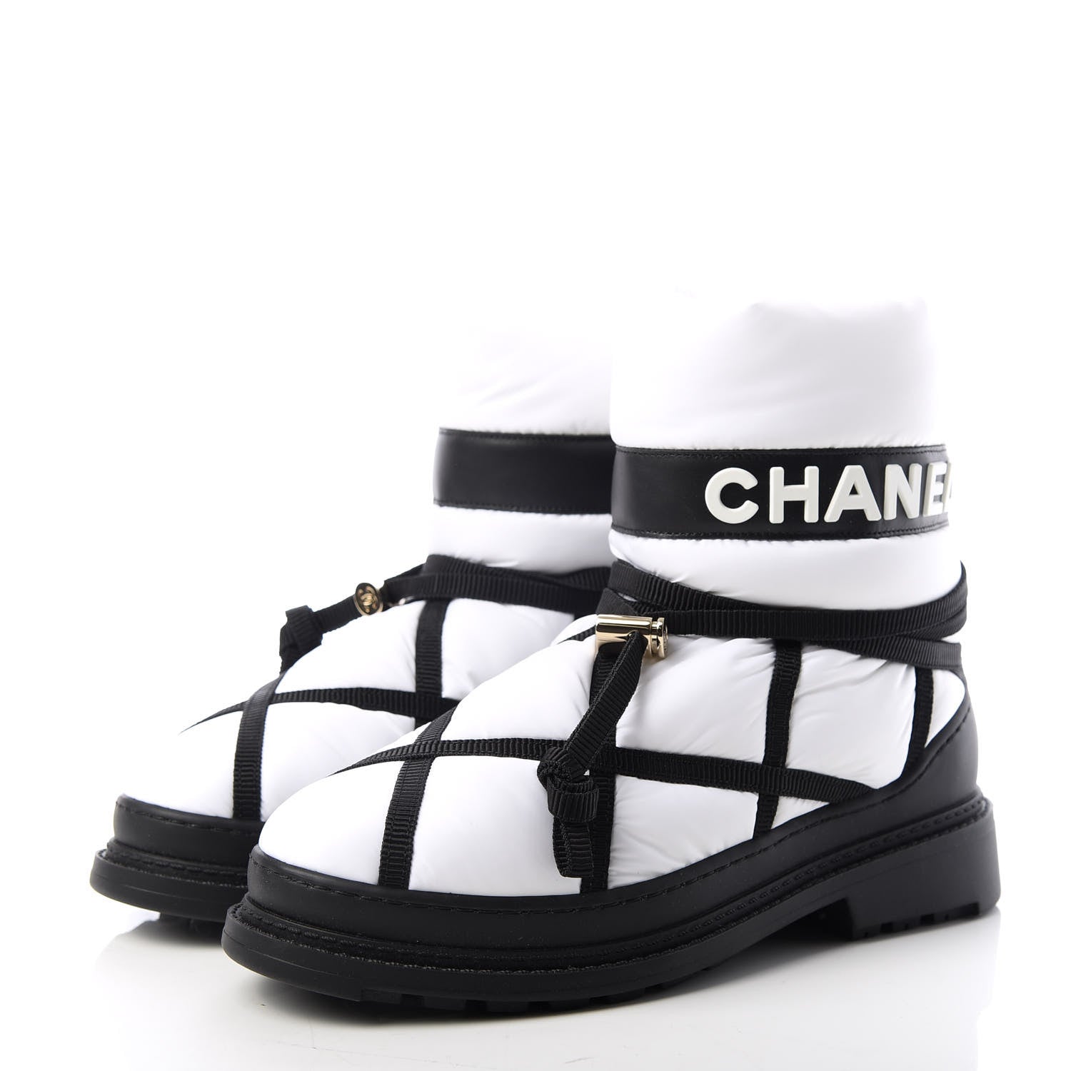 Chanel Calfskin Nylon Grosgrain CC Ankle Snow Boots 37.5 White Black 3 of 11