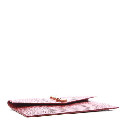 Saint Laurent Calfskin Crocodile Embossed Uptown Monogram Clutch Rouge Eros 4 of 7