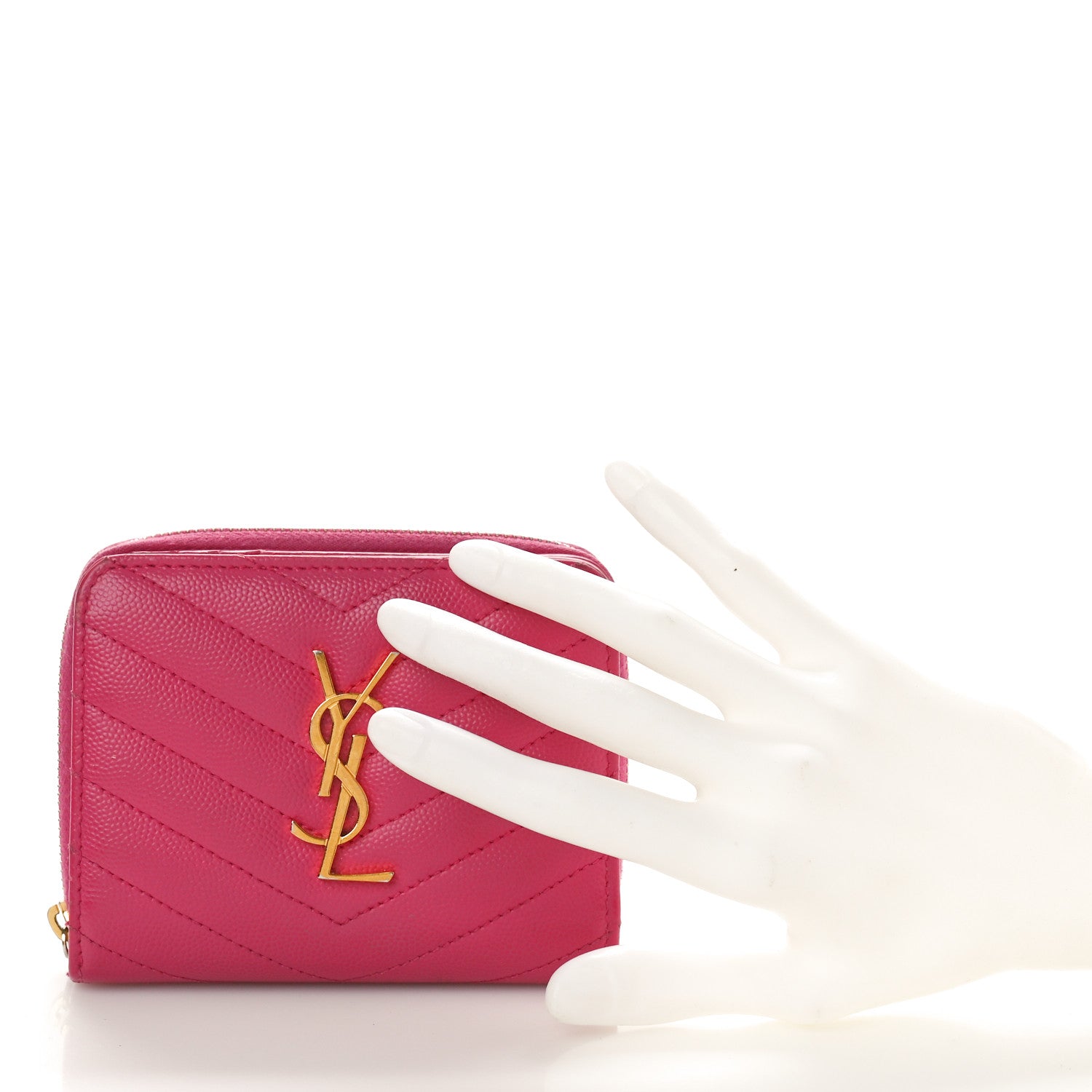 Saint Laurent Grain De Poudre Matelasse Chevron Monogram Compact Zip Around Wallet Fuxia Couture 2 of 10
