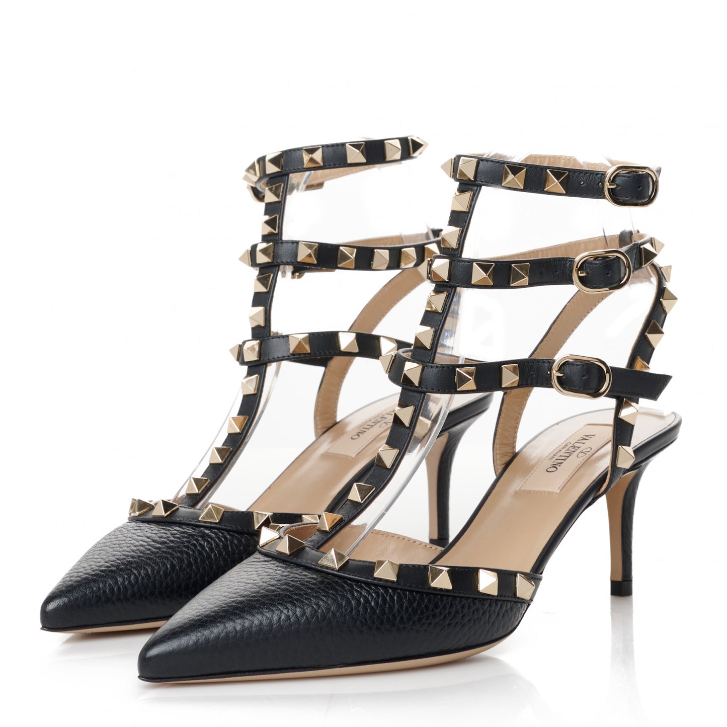 Pebbled Calfskin Rockstud Ankle Strap 65mm Pumps 37 Black