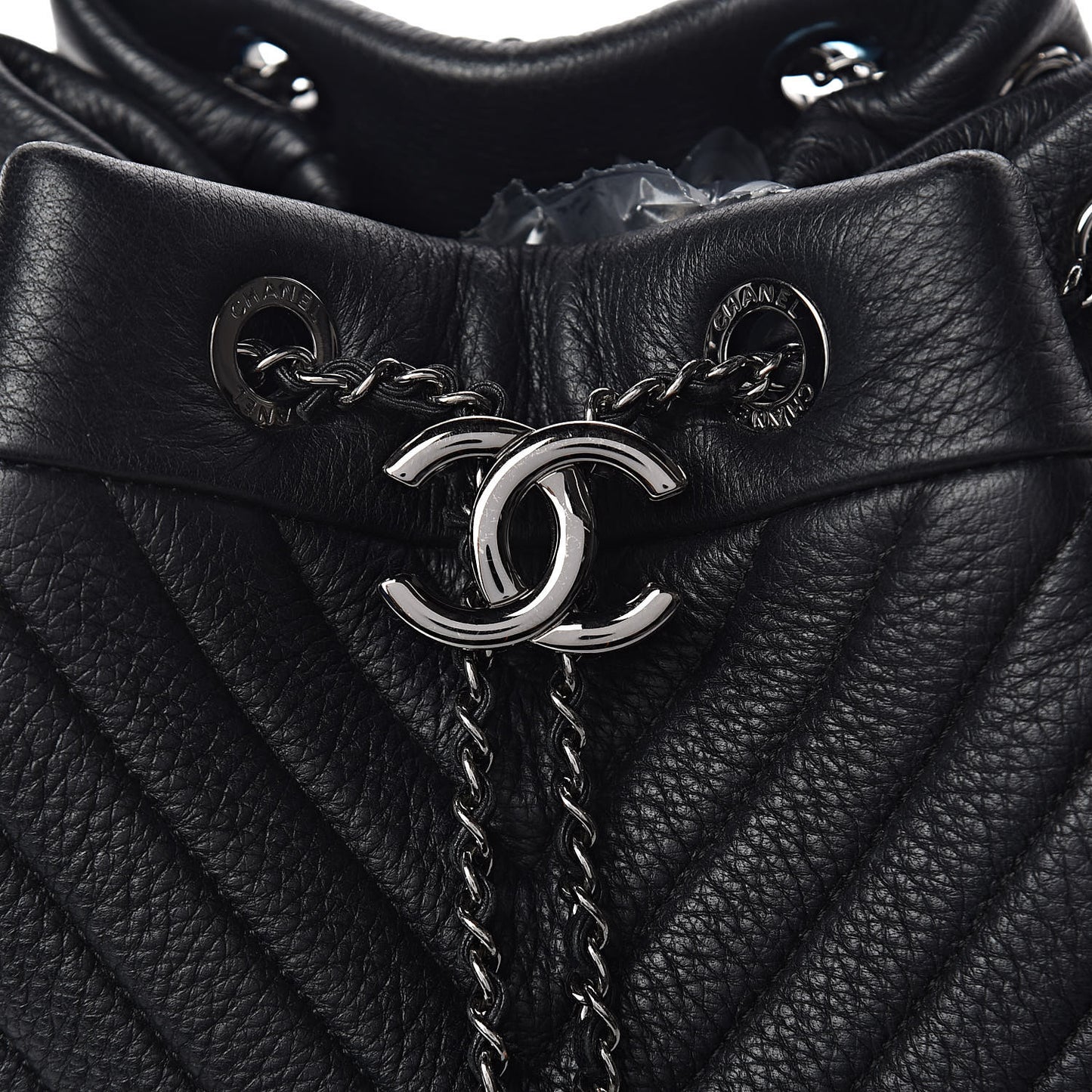 Deerskin Chevron Small CC Chain Bucket Bag Black