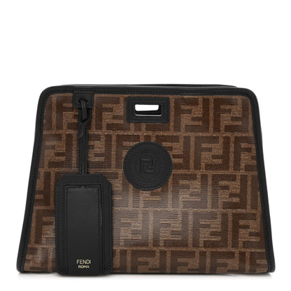 Fendi Glazed Fabric Vitello Century FF 1974 Stamp Patch Mini Peekaboo Defender Cover Mogano Panna Black 1 of 11